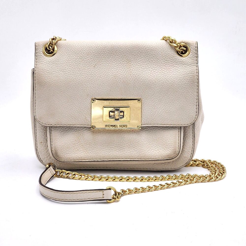 Michael Kors Sloan Leather Convertible Crossbody Shoulder Bag Gold Chain Ivory